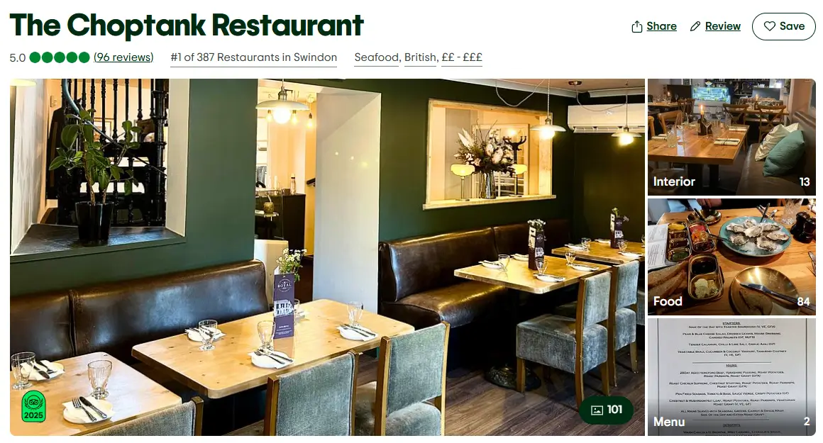 The Choptank is the number 1 rated restaurant in Swindon on Tripadvisor