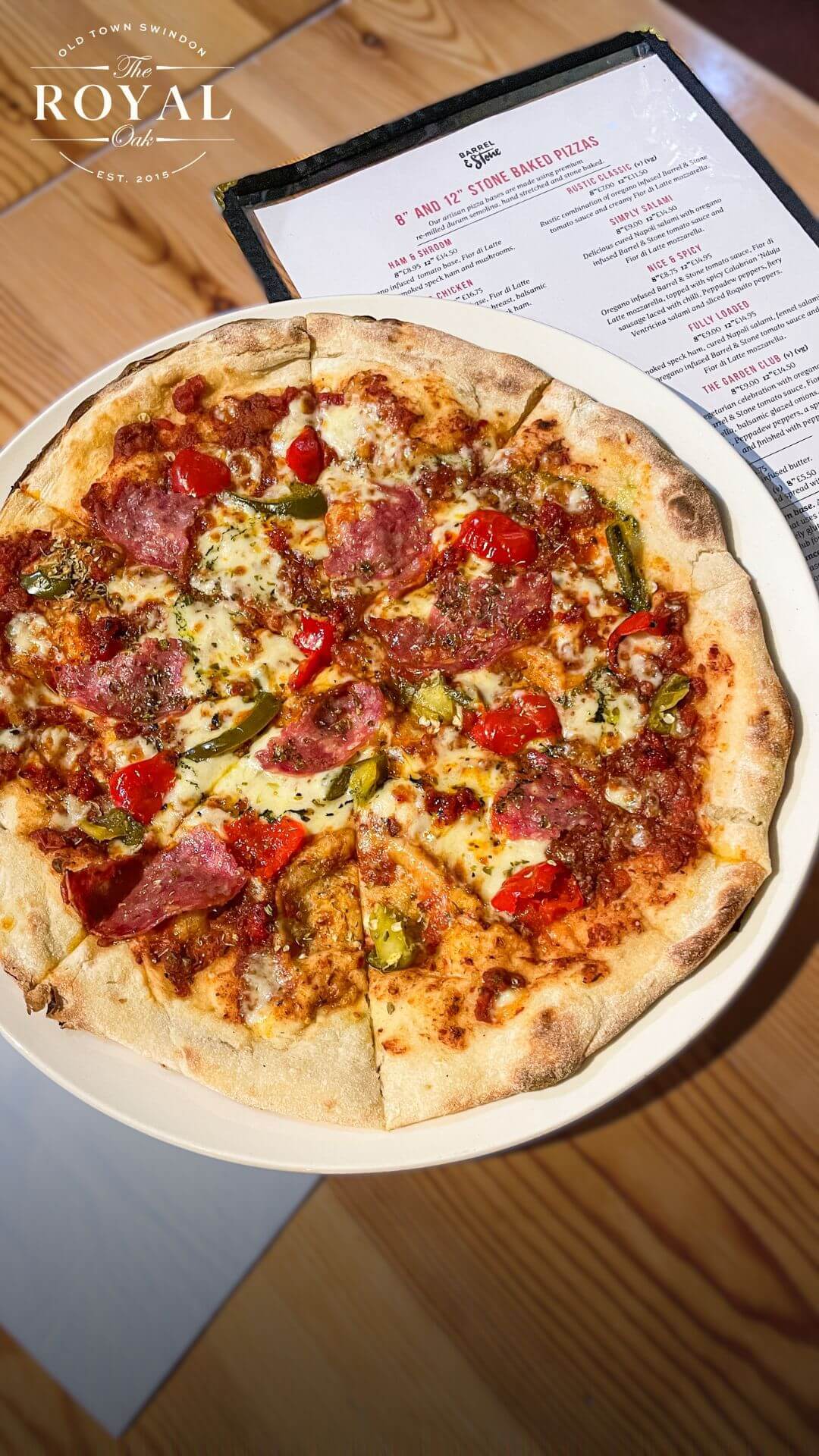 Delicious stone baked pizza available from The Royal Oak
